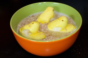 Best to eat your Peeps Porridge hot and quickly before the water balloon fights start. Peeps get bored so quickly!